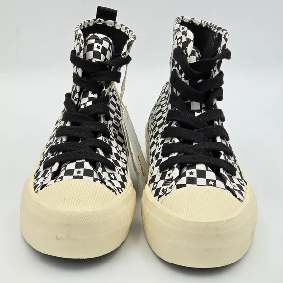 Zara Lace-Up High-Top Canvas Sneakers, Black/White Checkered pattern with stars - Picture 4 of 15
